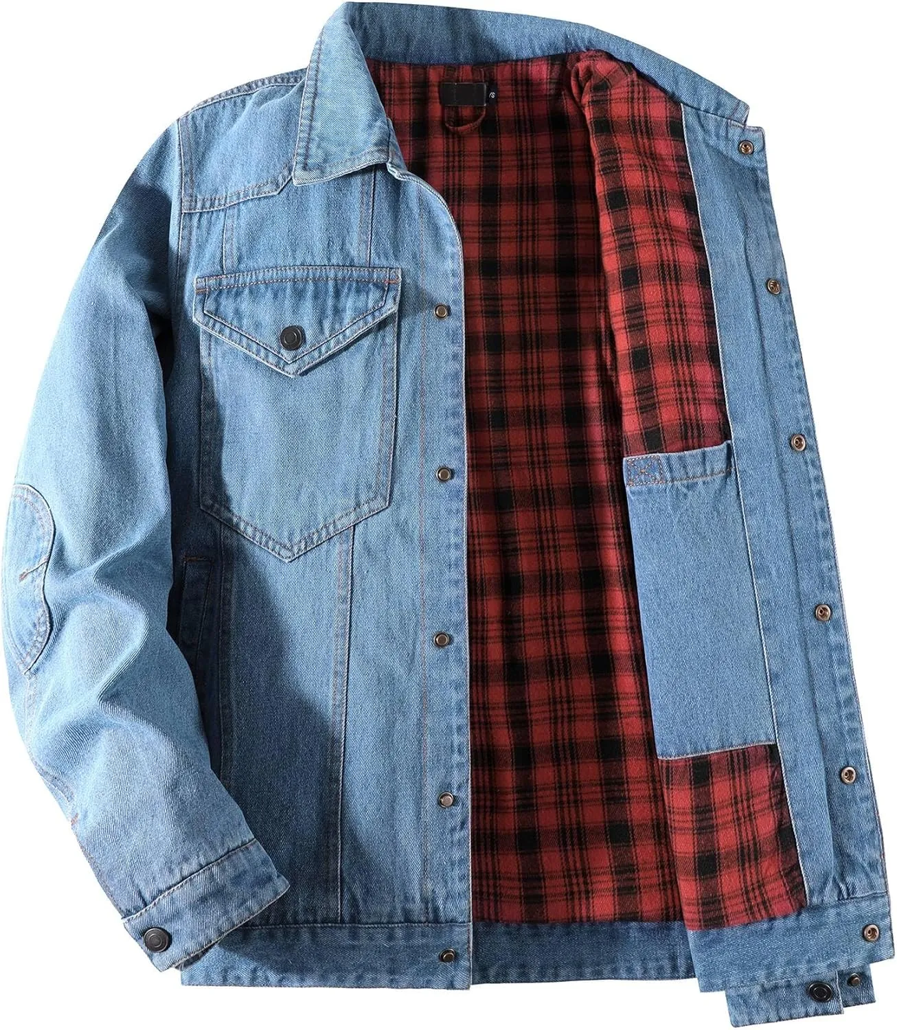 Mens Flannel Lined Denim Jacket Cowboy Cut with Snap Buttons Western Classic, Heavy Duty Trucker Coat, Slim Fit