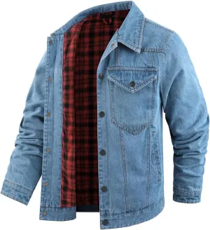 Mens Flannel Lined Denim Jacket Cowboy Cut with Snap Buttons Western Classic, Heavy Duty Trucker Coat, Slim Fit