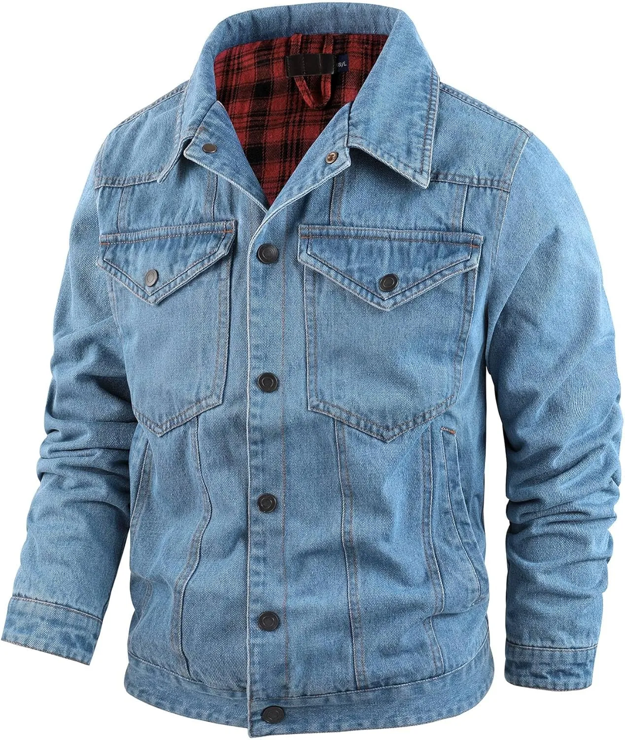 Mens Flannel Lined Denim Jacket Cowboy Cut with Snap Buttons Western Classic, Heavy Duty Trucker Coat, Slim Fit