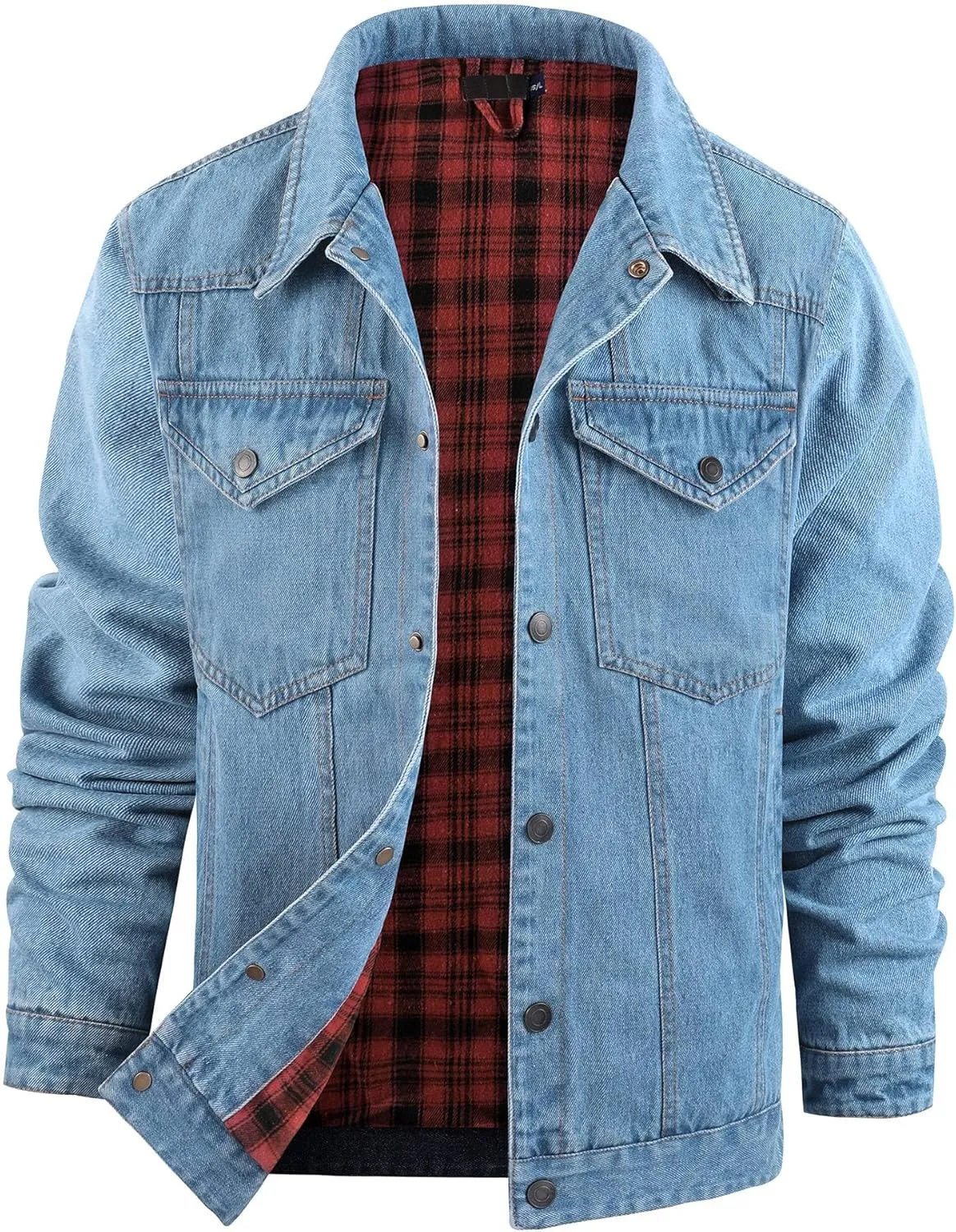 Mens Flannel Lined Denim Jacket Cowboy Cut with Snap Buttons Western Classic, Heavy Duty Trucker Coat, Slim Fit