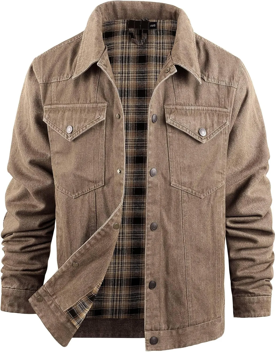 Mens Flannel Lined Denim Jacket Cowboy Cut with Snap Buttons Western Classic, Heavy Duty Trucker Coat, Slim Fit