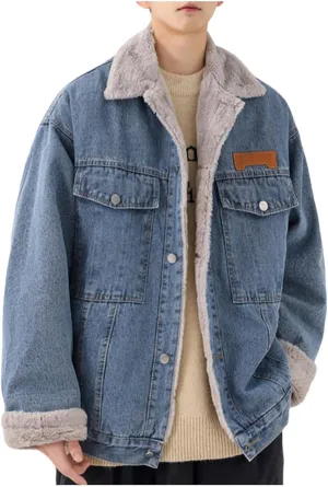 Men's Fleece Lined Denim Jacket Winter Warm Jean Trucker Coat Lapel Collar Cargo Jackets with Pockets