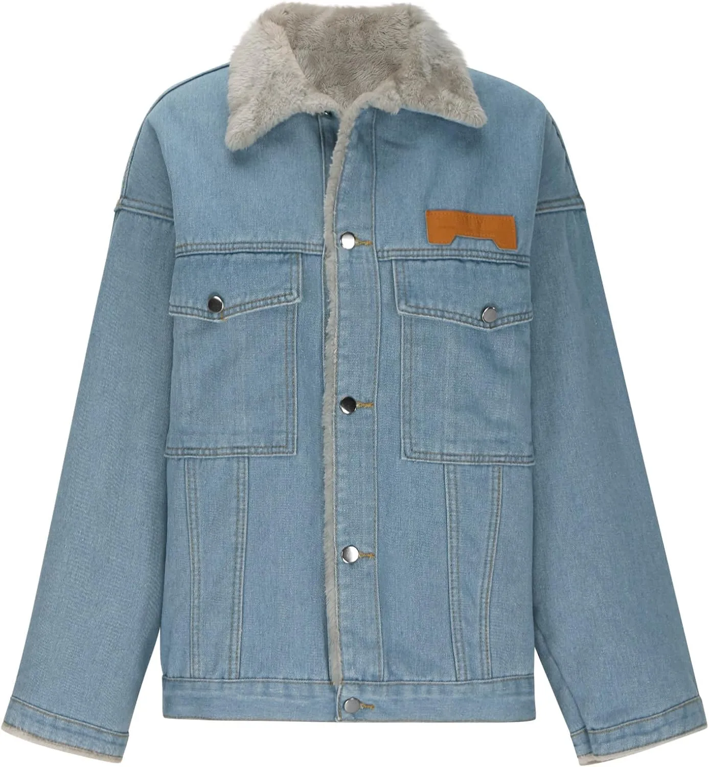 Men's Fleece Lined Denim Jacket Winter Warm Jean Trucker Coat Lapel Collar Cargo Jackets with Pockets