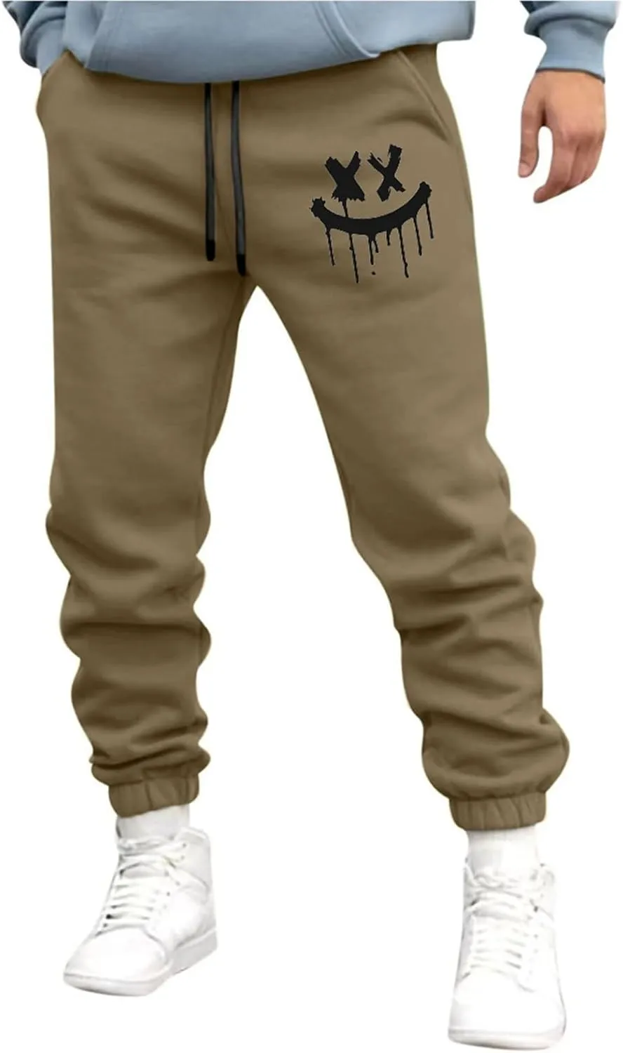 Men's Fleece Sweatpants Joggers Smiley Face Print Sweat Pants Jogger Athletic Trousers with Pockets