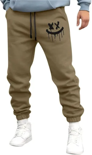 Men's Fleece Sweatpants Joggers Smiley Face Print Sweat Pants Jogger Athletic Trousers with Pockets