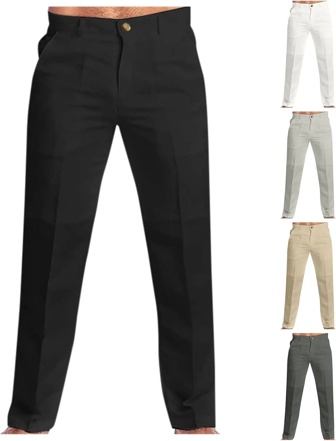 Mens Formal Dress Pants Business Casual Office Work Straight Leg Cotton Linen Pants Flat-Front Stretch Chino Golf Trousers