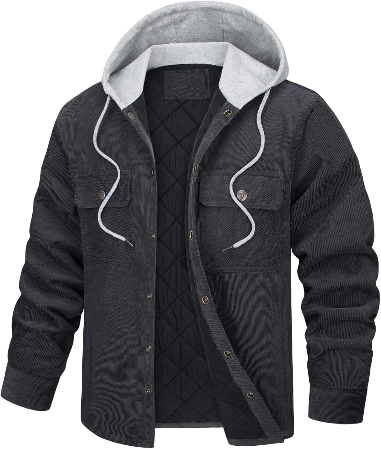 Men's Hooded Corduroy Jacket Quilted Fleece Lined Winter Casual Coat with Adjustable Hood