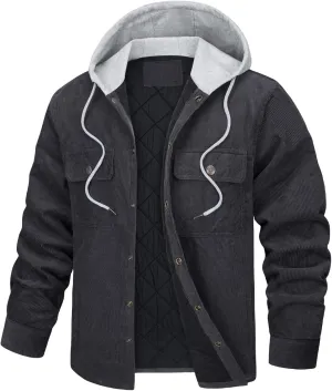 Men's Hooded Corduroy Jacket Quilted Fleece Lined Winter Casual Coat with Adjustable Hood
