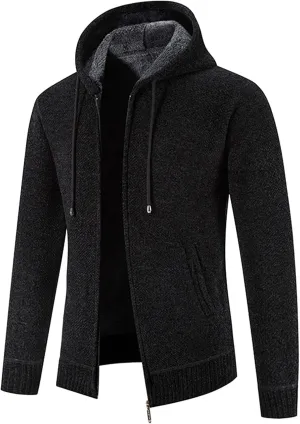 Mens Hoodies Knit Sweater, Full Zip Fleece Lined Cardigan Sweaters Casual Regular Fit Thick Hooded Men Sweater Jacket