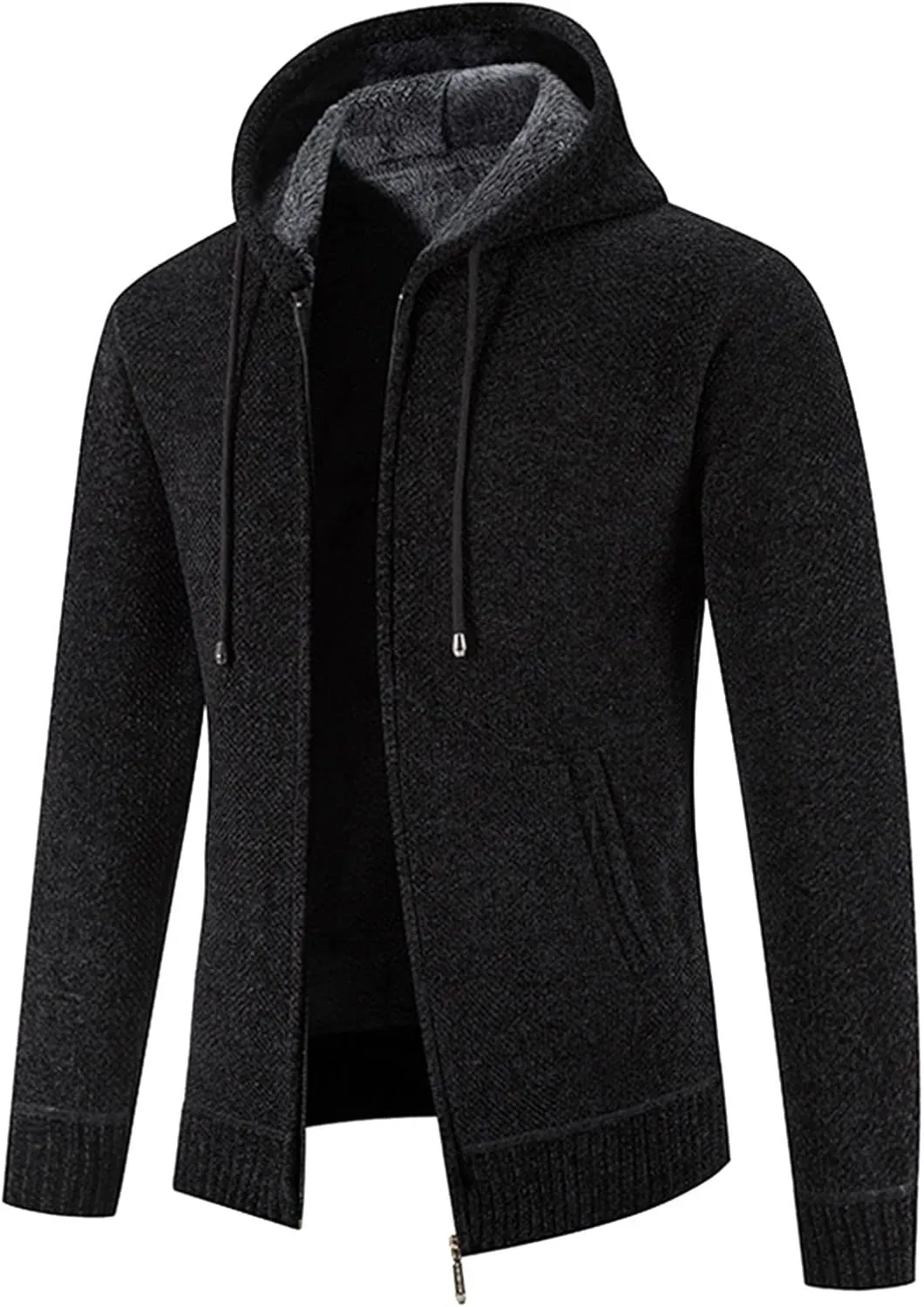 Mens Hoodies Knit Sweater, Full Zip Fleece Lined Cardigan Sweaters Casual Regular Fit Thick Hooded Men Sweater Jacket
