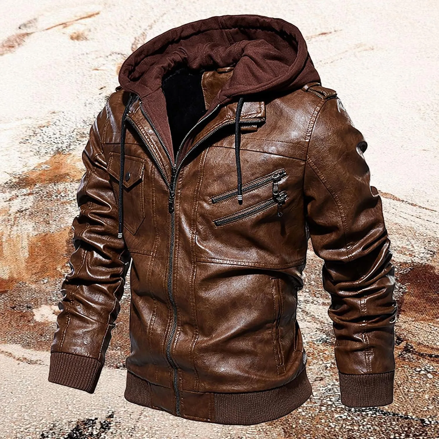 Men's Lightweight Waterproof Hooded Leather Jacket Lightweight Lightweight Jackets Windbreaker Fleece Lined Western Coat