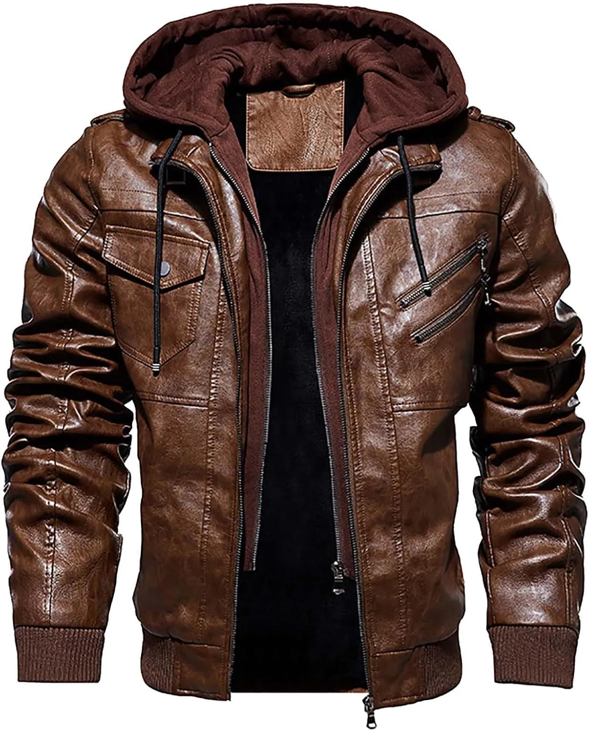 Men's Lightweight Waterproof Hooded Leather Jacket Lightweight Lightweight Jackets Windbreaker Fleece Lined Western Coat