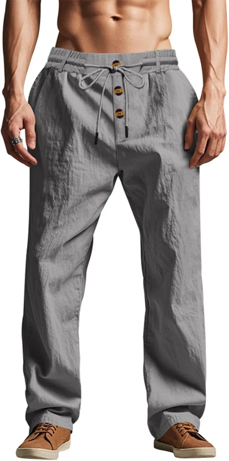 Mens Linen Pants Elastic Drawstring Waist Straight Legs Trouser with Pockets Casual Summer Loose Fit Yoga Beach Pant