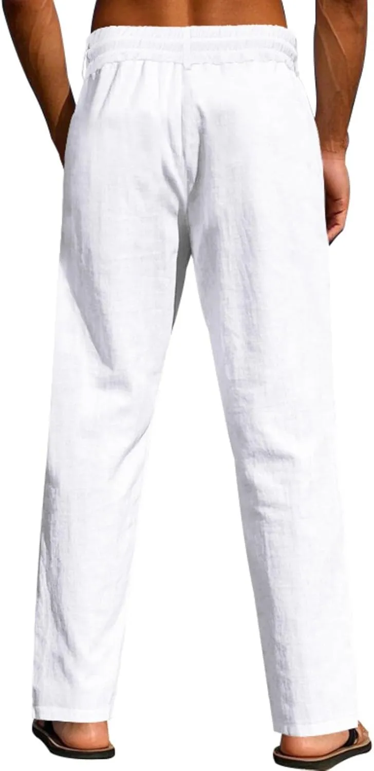 Mens Linen Pants Solid Color Elastic Waist Drawstring Baggy Trousers Summer Casual Beach Vacation Pant with Pockets