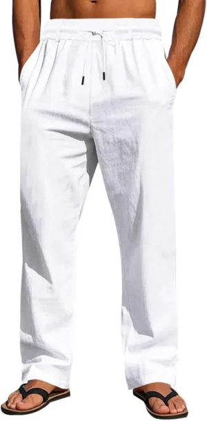 Mens Linen Pants Solid Color Elastic Waist Drawstring Baggy Trousers Summer Casual Beach Vacation Pant with Pockets
