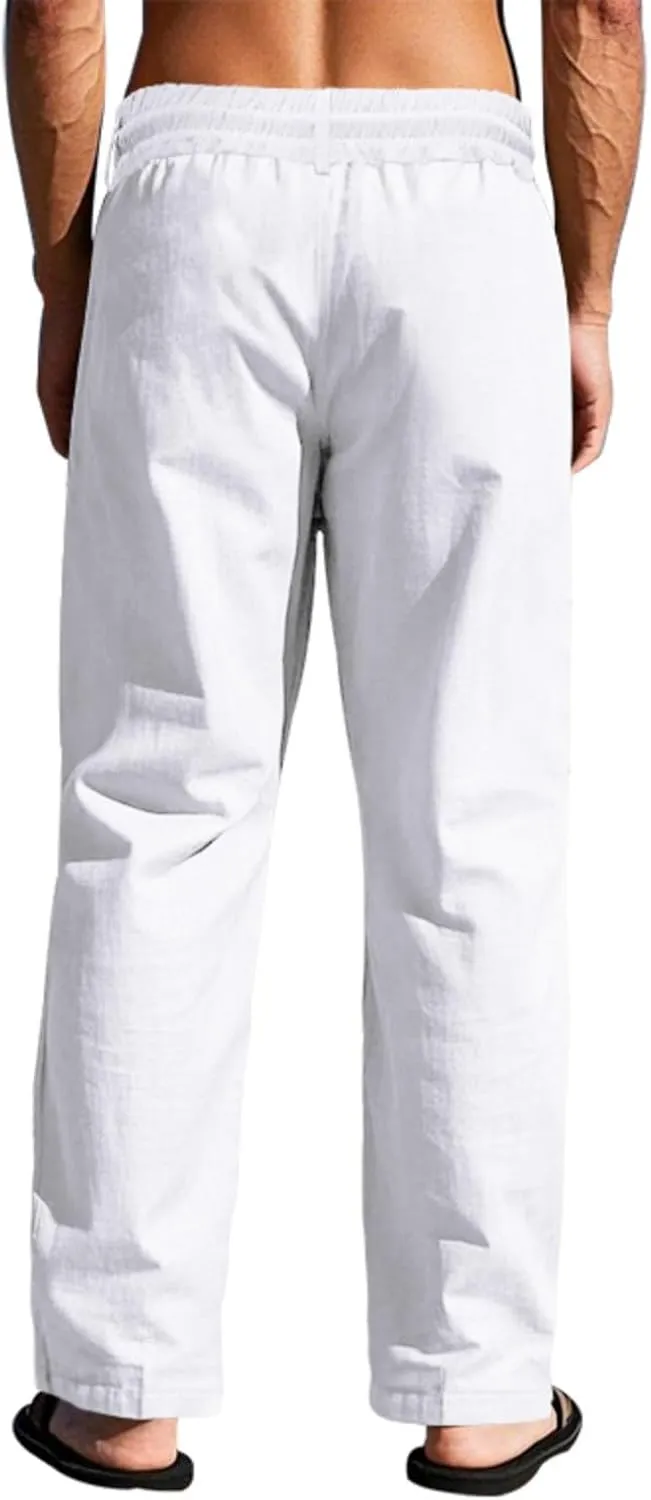 Mens Linen Pants Solid Color Elastic Waist Drawstring Baggy Trousers Summer Casual Beach Vacation Pant with Pockets