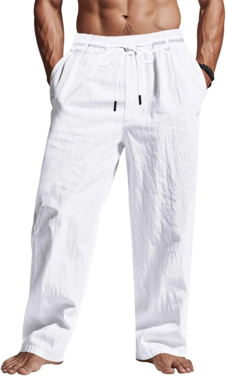 Mens Linen Pants Solid Color Elastic Waist Drawstring Baggy Trousers Summer Casual Beach Vacation Pant with Pockets