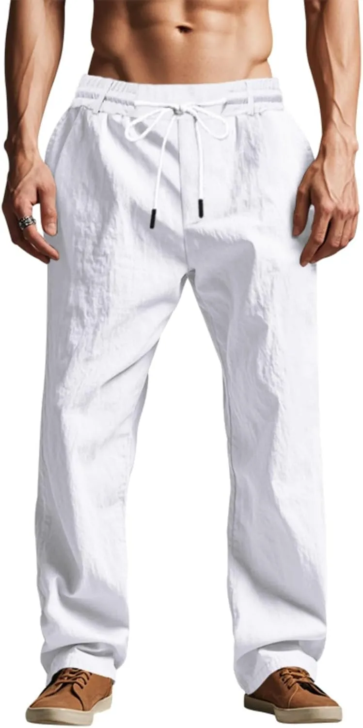 Mens Linen Pants Solid Color Elastic Waist Drawstring Baggy Trousers Summer Casual Beach Vacation Pant with Pockets