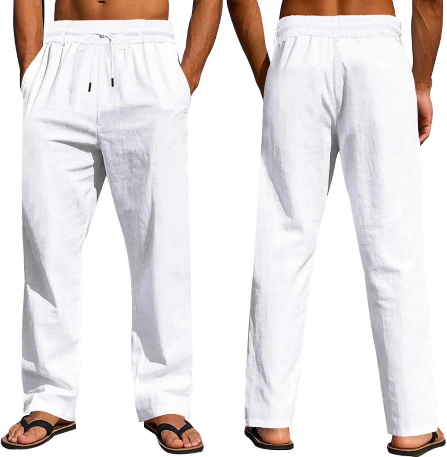 Mens Linen Pants Solid Color Elastic Waist Drawstring Baggy Trousers Summer Casual Beach Vacation Pant with Pockets