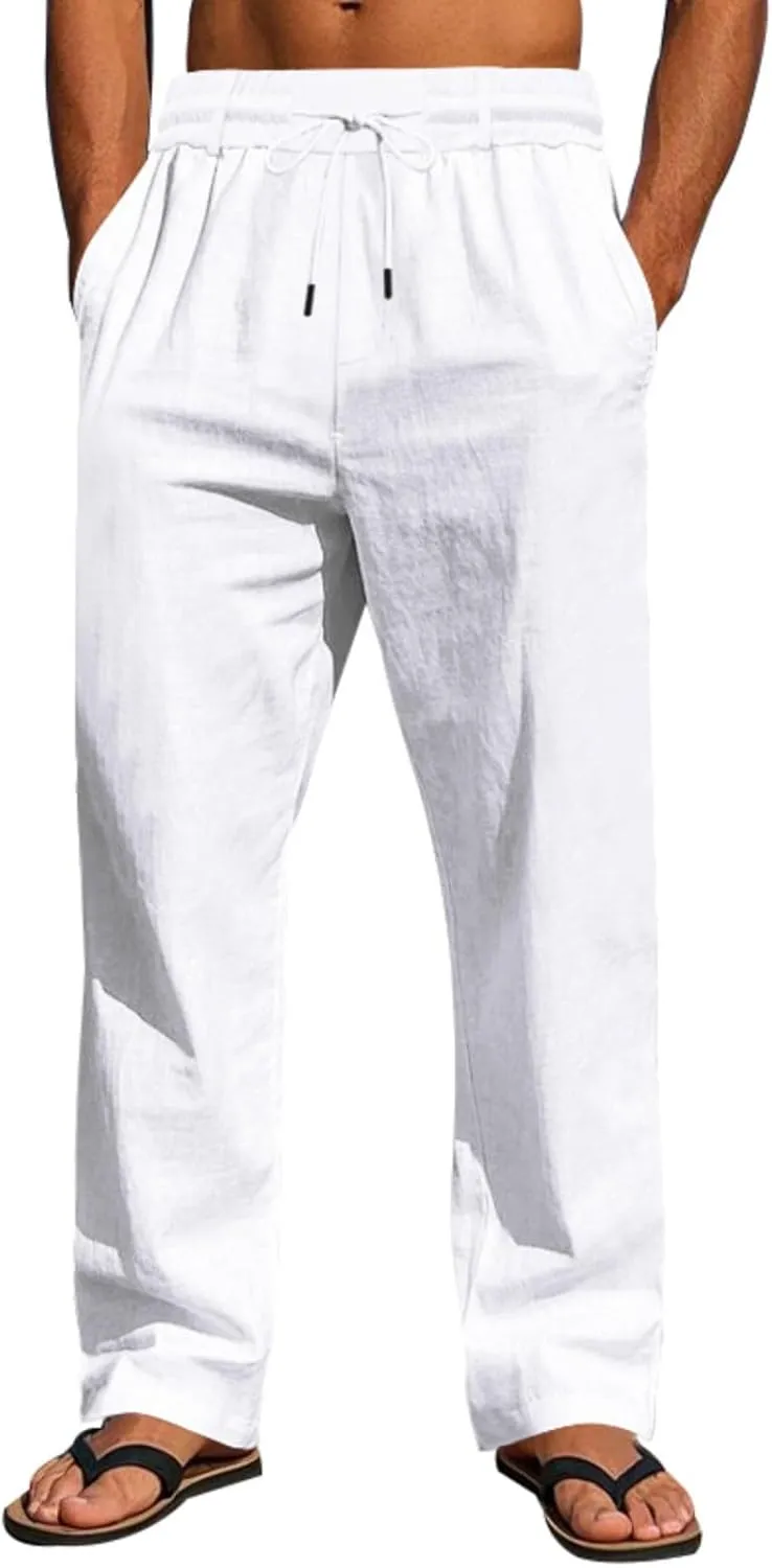 Mens Linen Pants Solid Color Elastic Waist Drawstring Baggy Trousers Summer Casual Beach Vacation Pant with Pockets