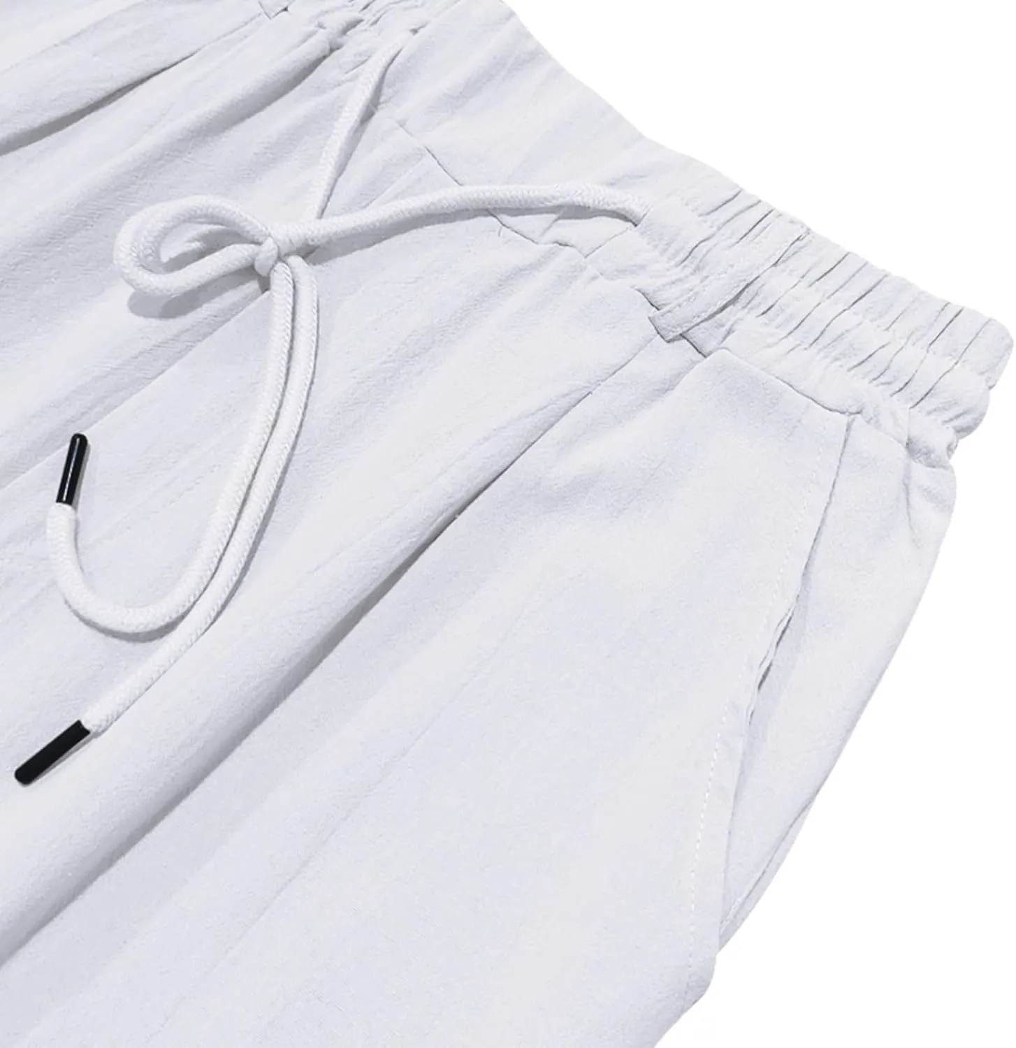 Mens Linen Pants Solid Color Elastic Waist Drawstring Baggy Trousers Summer Casual Beach Vacation Pant with Pockets