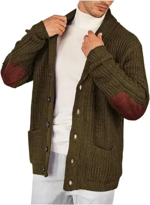 Mens Long Sleeve Lapel Collar Cardigan Sweaters Button Down Cable Knitted Sweater Casual Suede Patchwork Sweater Coat