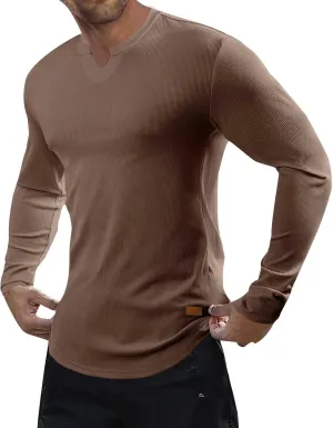 Mens Long Sleeve Muscle T Shirts Casual V-Neck Henley Longline Ribbed Slim Fit Tee Shirts Gym Workout Athletic Shirts