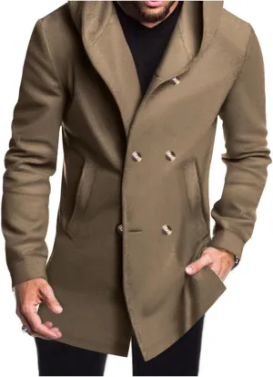 Mens Mid Long Hooded Coat Trench Coat Fleece Lining Wool Blend Cardigan Jacket Business Casual Fashion Overcoat