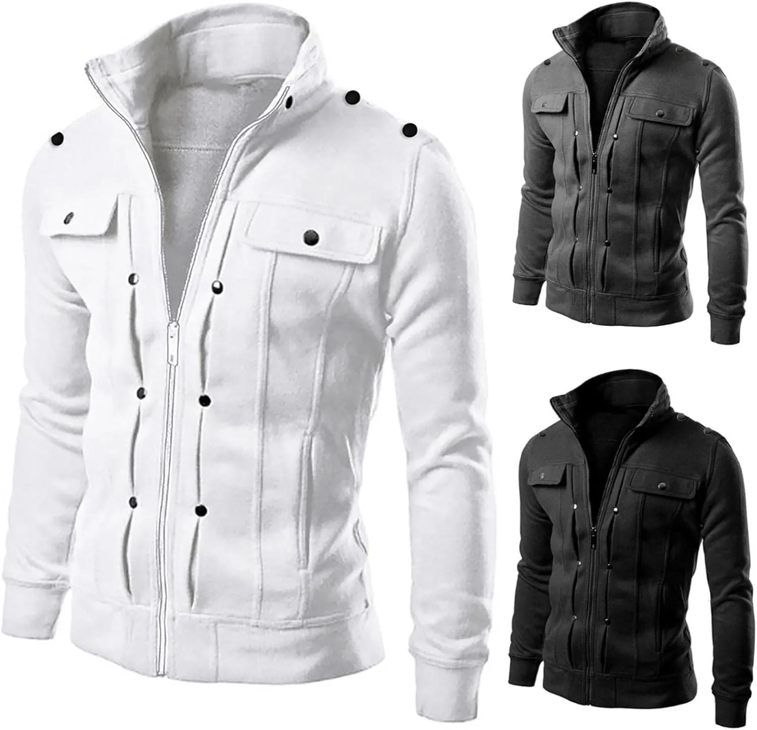 Mens Military Stand Collar Cardigans Cotton Zip Up Jackets Winter Warm Bomber Jackets Outwears with Pockets Big & Tall