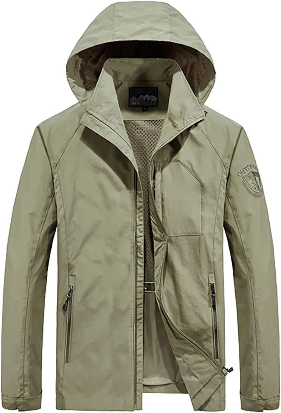 Men's Outdoor Sports Hooded Windproof Jacket Waterproof Rain Coat Windbreaker Outdoor Raincoat for Hiking Running
