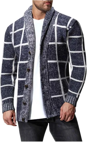 Mens Plaid Cardigan Sweater Vintage Knit Sweater Shawl Collar Cardigan Button Down Sweaters Open Front Cardigan