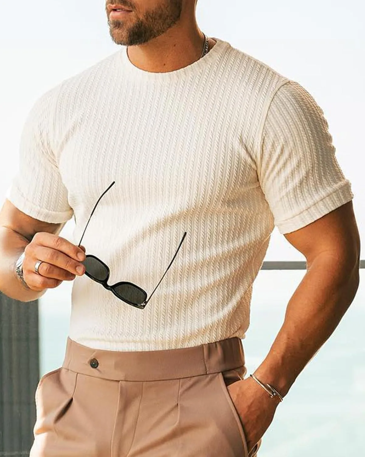 Men's Ribbed Knit T-Shirts Short Sleeve Casual Crewneck Slim Fit Textured Pullover Tees