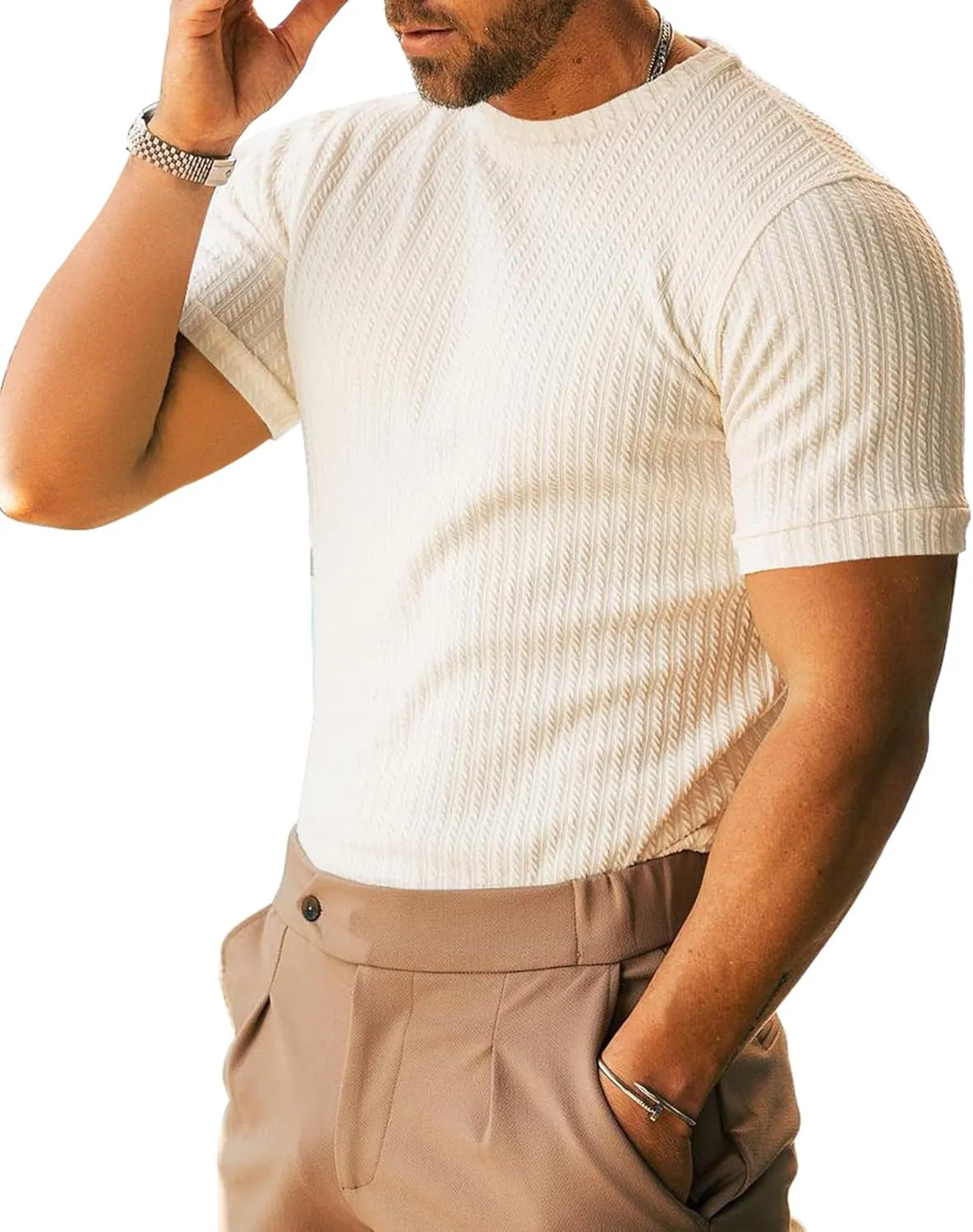 Men's Ribbed Knit T-Shirts Short Sleeve Casual Crewneck Slim Fit Textured Pullover Tees