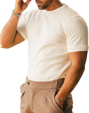 Men's Ribbed Knit T-Shirts Short Sleeve Casual Crewneck Slim Fit Textured Pullover Tees
