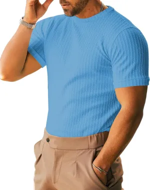 Men's Ribbed Knit T-Shirts Short Sleeve Casual Crewneck Slim Fit Textured Pullover Tees