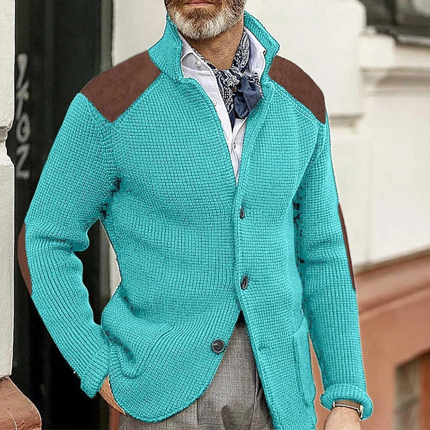 Mens Shawl Collar Cardigan Sweater Button Down Warm Knitted Sweaters Shoulder Patch Winter Chunky Cardigans