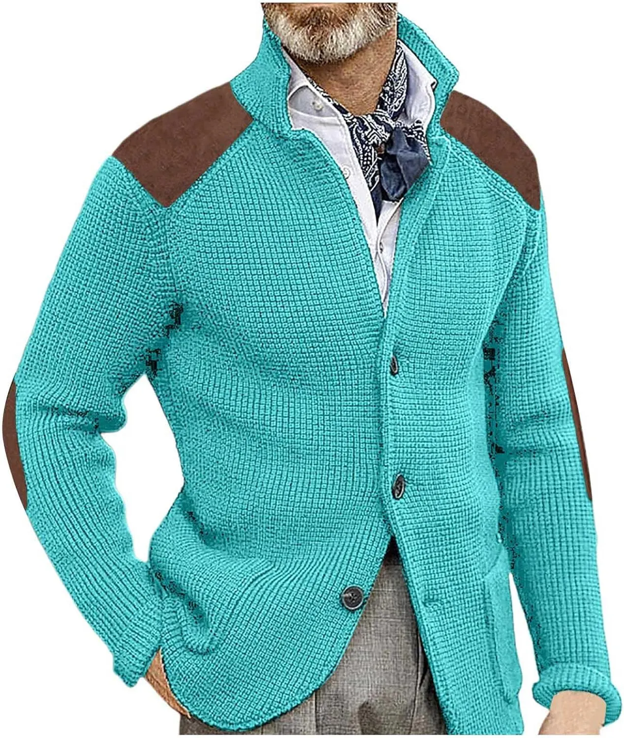 Mens Shawl Collar Cardigan Sweater Button Down Warm Knitted Sweaters Shoulder Patch Winter Chunky Cardigans