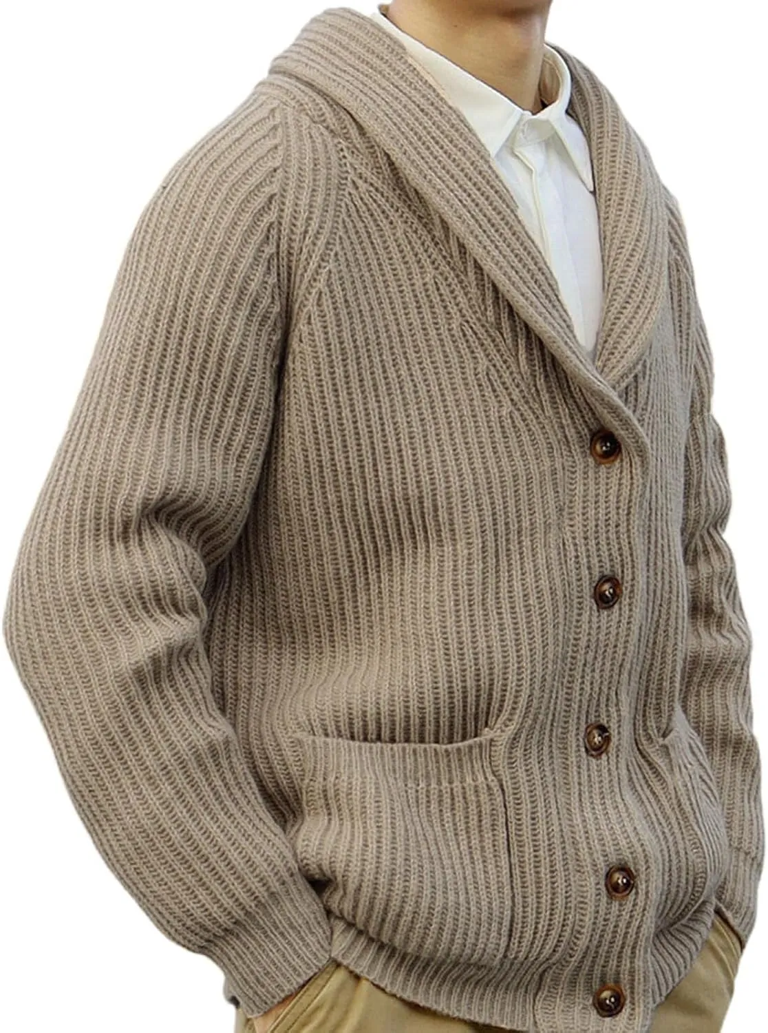 Mens Shawl Collar Knitted Cardigan Men Button Down Open Front Ribbed Knit Sweater Khaki Knitwear with Pocket