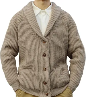 Mens Shawl Collar Knitted Cardigan Men Button Down Open Front Ribbed Knit Sweater Khaki Knitwear with Pocket
