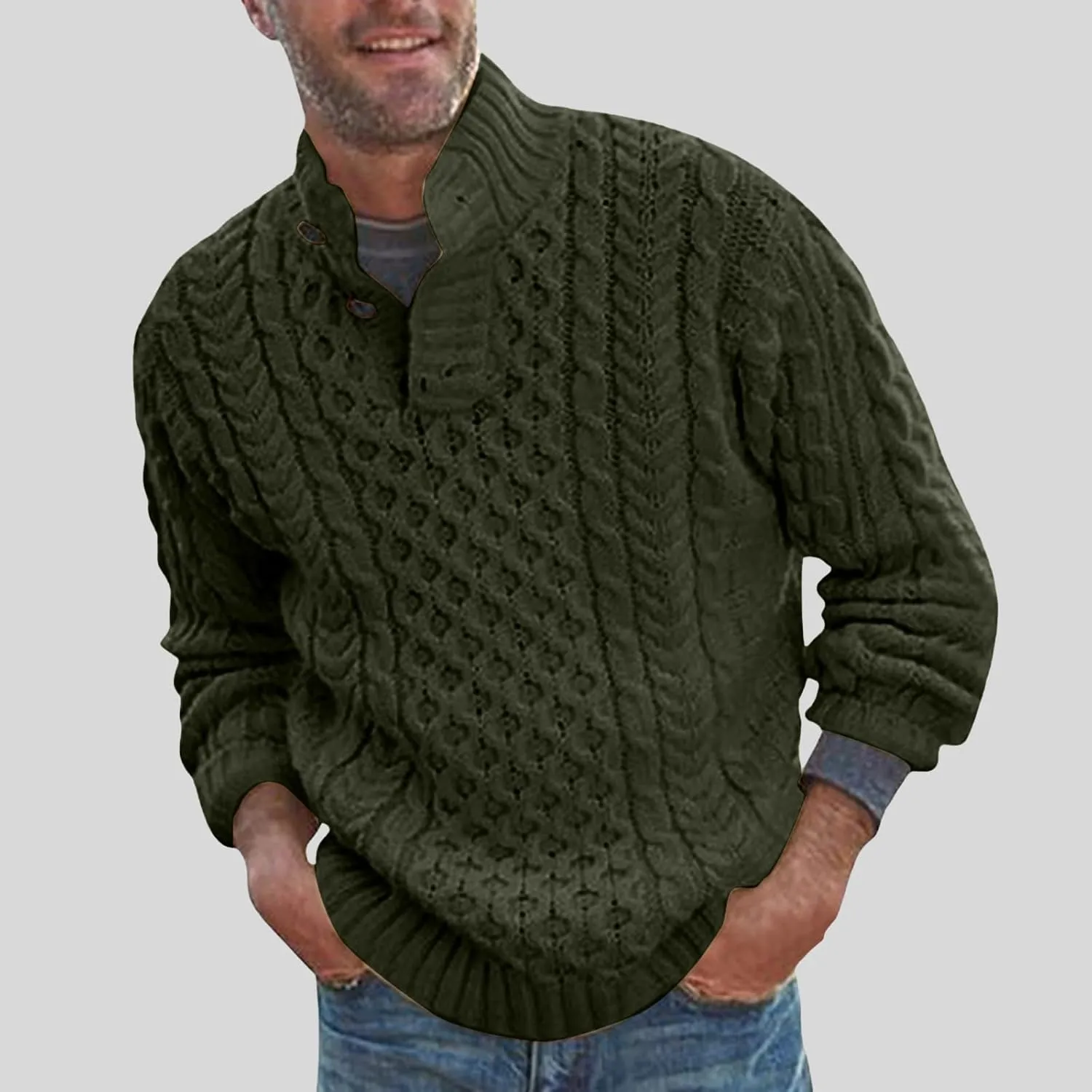 Mens Stand Collar Pullover Sweater Cable Knitted Chunky Fall Winter Fashion Buttons Twisted Thermal Cashmere Sweaters