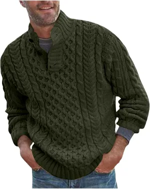 Mens Stand Collar Pullover Sweater Cable Knitted Chunky Fall Winter Fashion Buttons Twisted Thermal Cashmere Sweaters