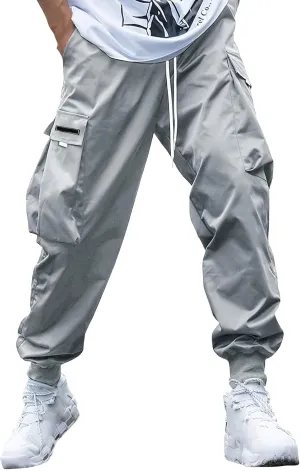 Men's Streetwear Cargo Pants Casual Drawstring Elastic Waist Baggy Sweatpants Techwear Joggers with Flap Pockets