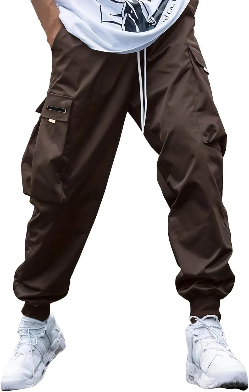 Men's Streetwear Cargo Pants Casual Drawstring Elastic Waist Baggy Sweatpants Techwear Joggers with Flap Pockets