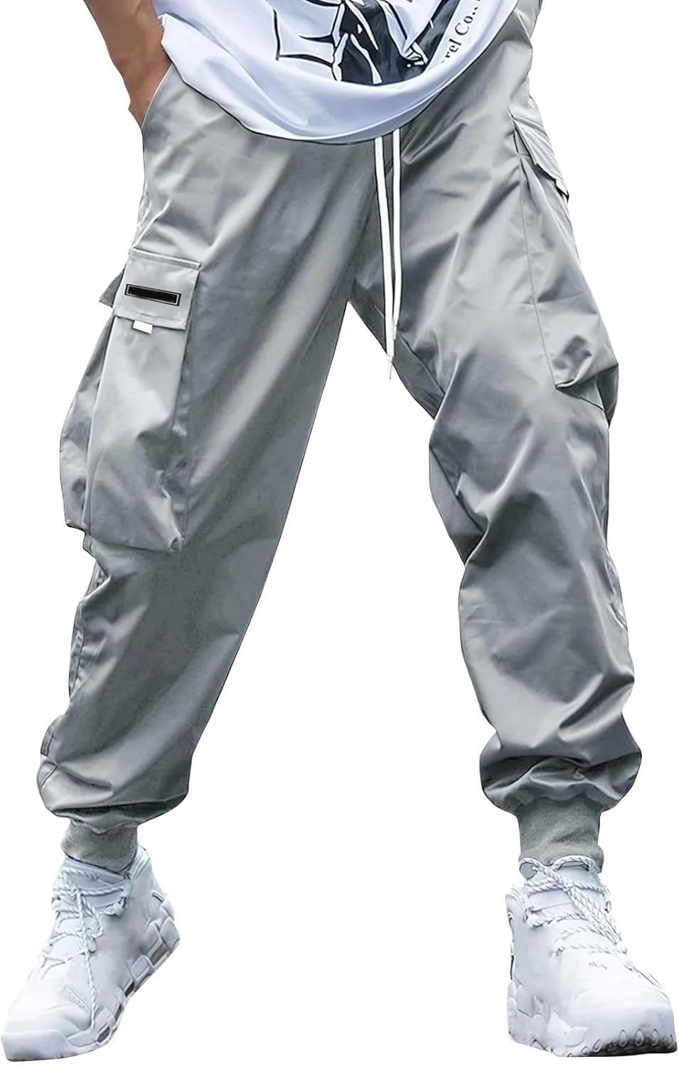 Men's Streetwear Cargo Pants Casual Drawstring Elastic Waist Baggy Sweatpants Techwear Joggers with Flap Pockets