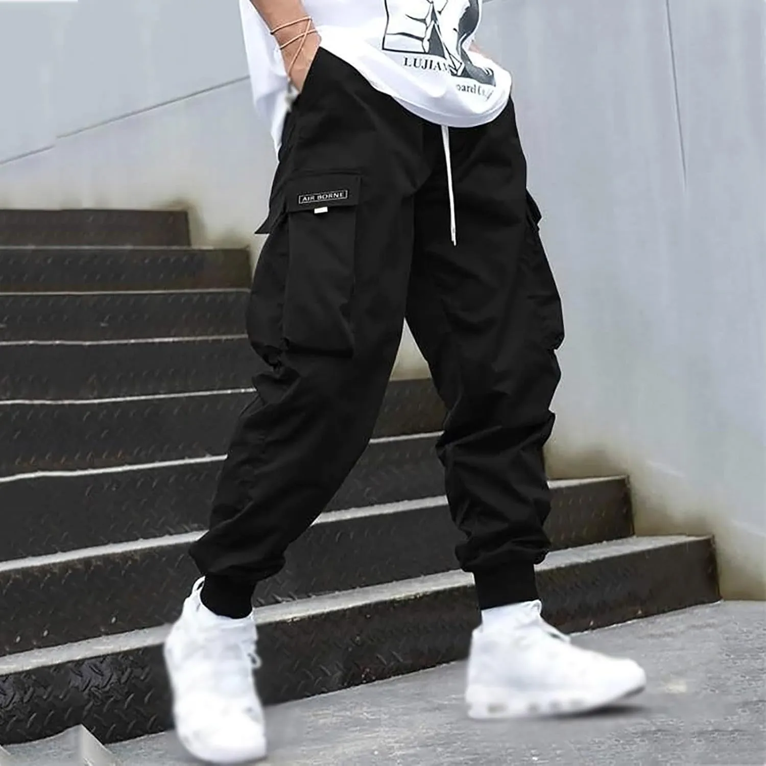 Men's Streetwear Cargo Pants Casual Drawstring Elastic Waist Baggy Sweatpants Techwear Joggers with Flap Pockets