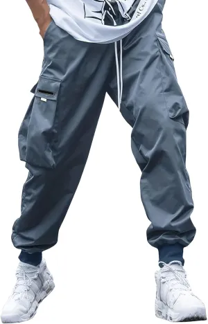 Men's Streetwear Cargo Pants Casual Drawstring Elastic Waist Baggy Sweatpants Techwear Joggers with Flap Pockets