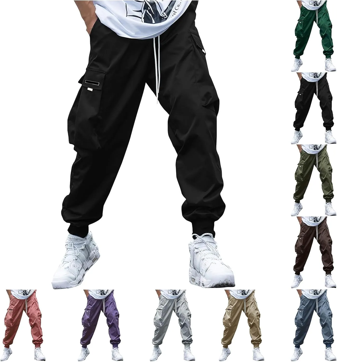 Men's Streetwear Cargo Pants Casual Drawstring Elastic Waist Baggy Sweatpants Techwear Joggers with Flap Pockets
