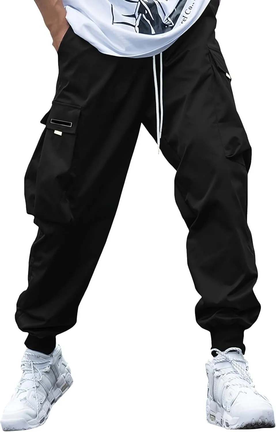 Men's Streetwear Cargo Pants Casual Drawstring Elastic Waist Baggy Sweatpants Techwear Joggers with Flap Pockets