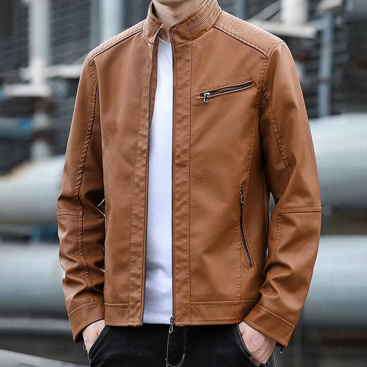 Mens Stylish Faux Leather Jackets Vintage Biker Motorcycle Riding Jackets Stand Collar Trucker Jacket Leather Coat