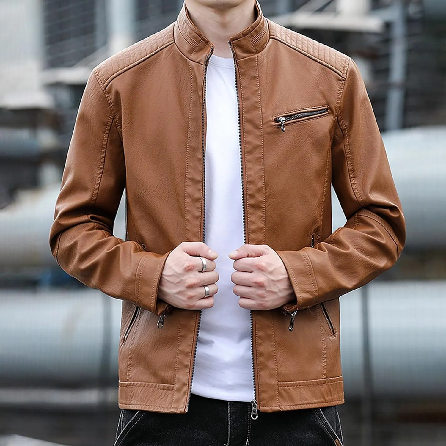 Mens Stylish Faux Leather Jackets Vintage Biker Motorcycle Riding Jackets Stand Collar Trucker Jacket Leather Coat